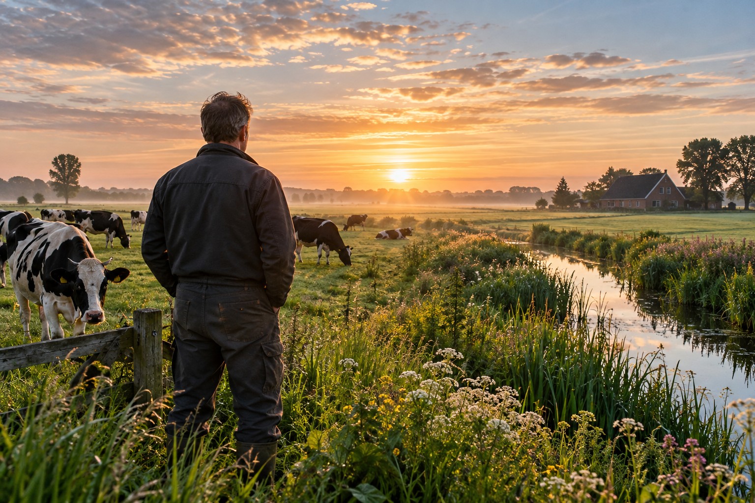 AI-illustratie van een boer aan de rand van een Nederlands boerenlandschap